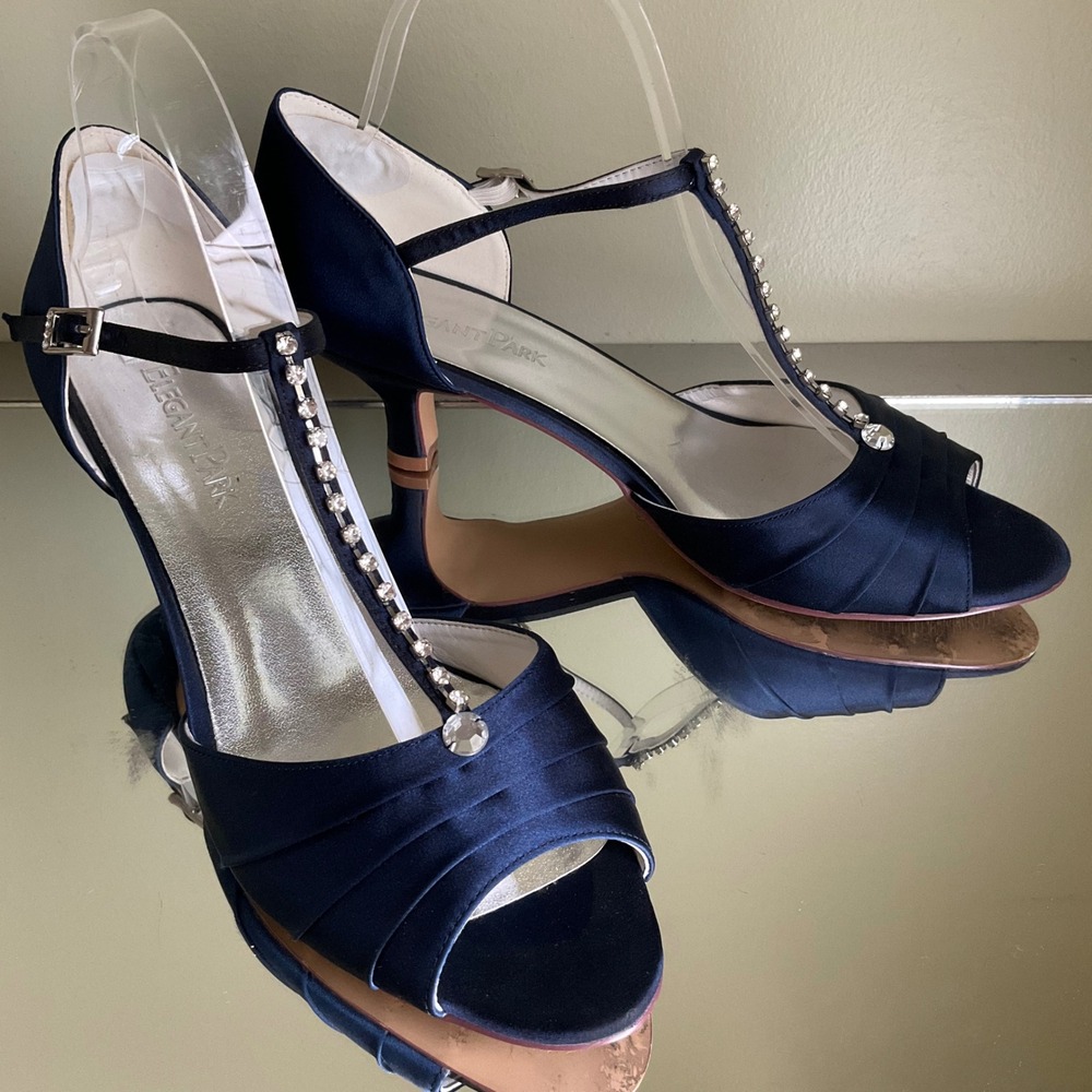 ElegantPark Navy Blue Satin Rhinestone T-Strap Peep Toe Kitten Heels Sz 10 Shoes